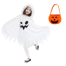 Moerstar Halloween Cosplay Costume, Kids, Masquerade, Ghost Ghost, Cloak Costume, Ghost Transformation, Poncho Cape, Hooded, Girls, Cute, Theater, School Festival (White, L)