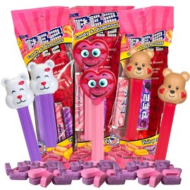 Valentine's Day Candy Dispenser Gift Set, Pink and Purple Heart and Bear Characters Assorted Hard Candies Refill Rolls, Pack of 3, Style May Vary
