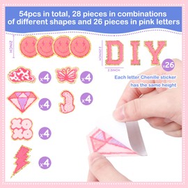 Geosar 54 Pcs 2.17 Inch Self Adhesive Chenille Letters Patches Pink Iron on Patches Preppy Embroidered Stickers for Clothing Backpack Bag Back to School Gifts(2.17 Inch,Rose Red Letter)