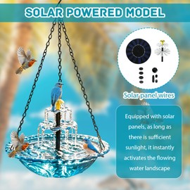 Abbeveratoio solare per uccelli con fontana da appendere, abbeveratoio per uccelli per esterni da appendere, grande vasca per uccelli con fontana per colibrì, con pompa solare e ciotola in vetro, per