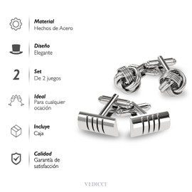 Vedicci Set de 2 Juegos de Mancuernillas Metálicas Color Plata. Juego de Gemelos Metálicos para Camisa de Vestir. Incluye Caja de guardado. Cufflinks 4 Piece Set.