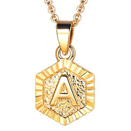 Focalook 26 letters A B C initial letters, pendant with 45 cm / 50 cm Rolo chain, hexagon/rectangle tag necklace for women, girls pendant loop, adjustable gold/ silver available for selection., a