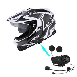 1Storm Youth Kids Dual Sport Dual Visor Motorcycle Motocross Off Road Full Face Helmet: HF802Youth Storm Black + Motorcycle Bluetooth Headset