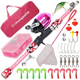DaddyGoFish Kids Fishing Pole - Rod Reel Combo Tackle Box Starter Set - First Year Small Gear Kit for Boys Girls Toddler Youth Age Beginner Little Children (Essential Set, Pink, 4ft)