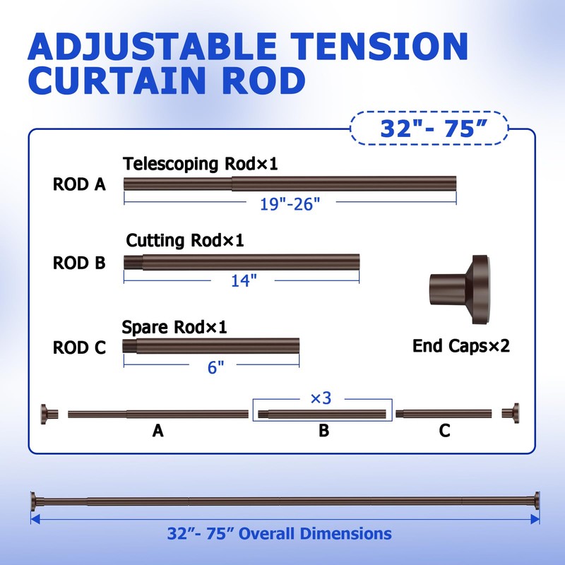 Bonpally Shower Curtain Rod, Adjustable 32-75 Inches Spring Tension Rod,