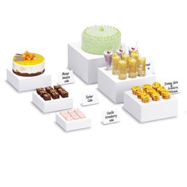 Neatsure Buffet Risers with Mini Signs, Food Risers for Buffet Table, Display Stand for Catering Dessert, White Acrylic Cube Boxes Nesting Risers with Hollow Bottoms (White, 1 Set (6", 7", 8", 9", 10", 12"))