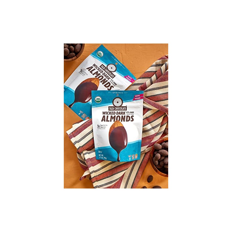 Taza Chocolate Organic Chocolate Covered Almonds, 87% Wicked Dark Chocolate,