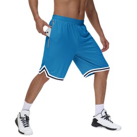 JWM Mens Long Basketball Shorts with One Zip Pockets, Blue, X-Large
