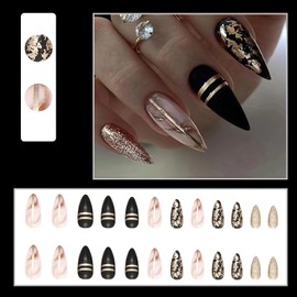 ROFIBUT Black Press on Nails Medium Stiletto Fake Nails Black False Nails with Gold Line Foils Design Shiny Glitter Marble Full Cover Glue on Nails Luxury Matte Black Stick on Nails for Women 24Pcs