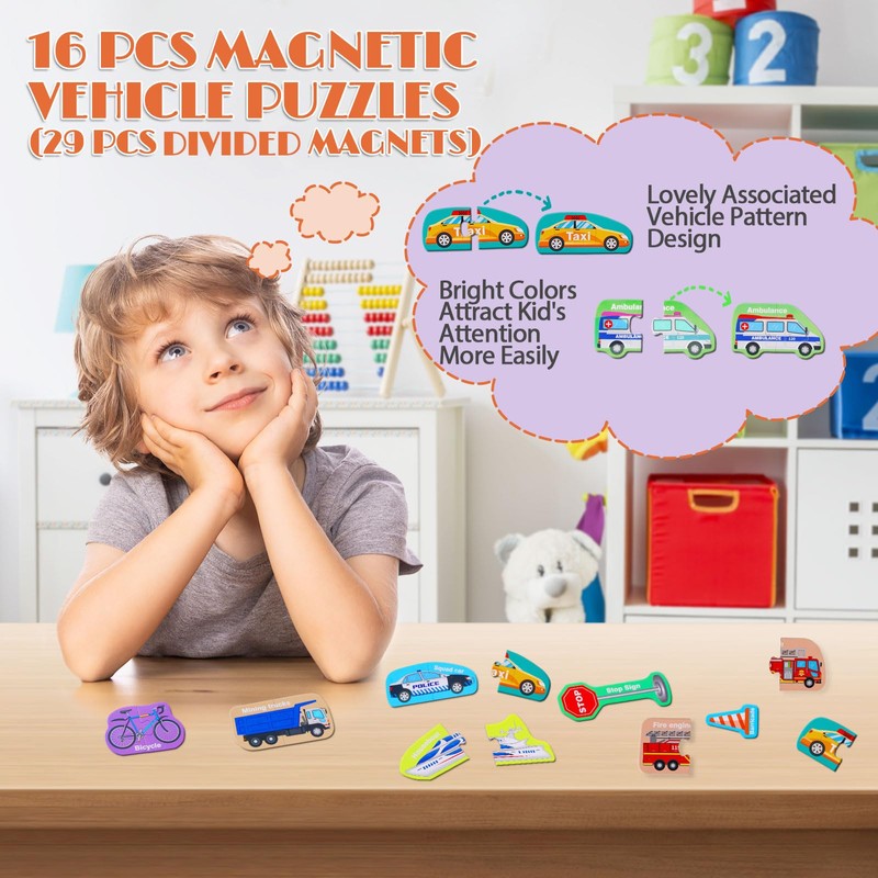 Fridge Magnets for Kids,Large Size Magnetic Vehicles,Puzzle Vehicles Magnets for