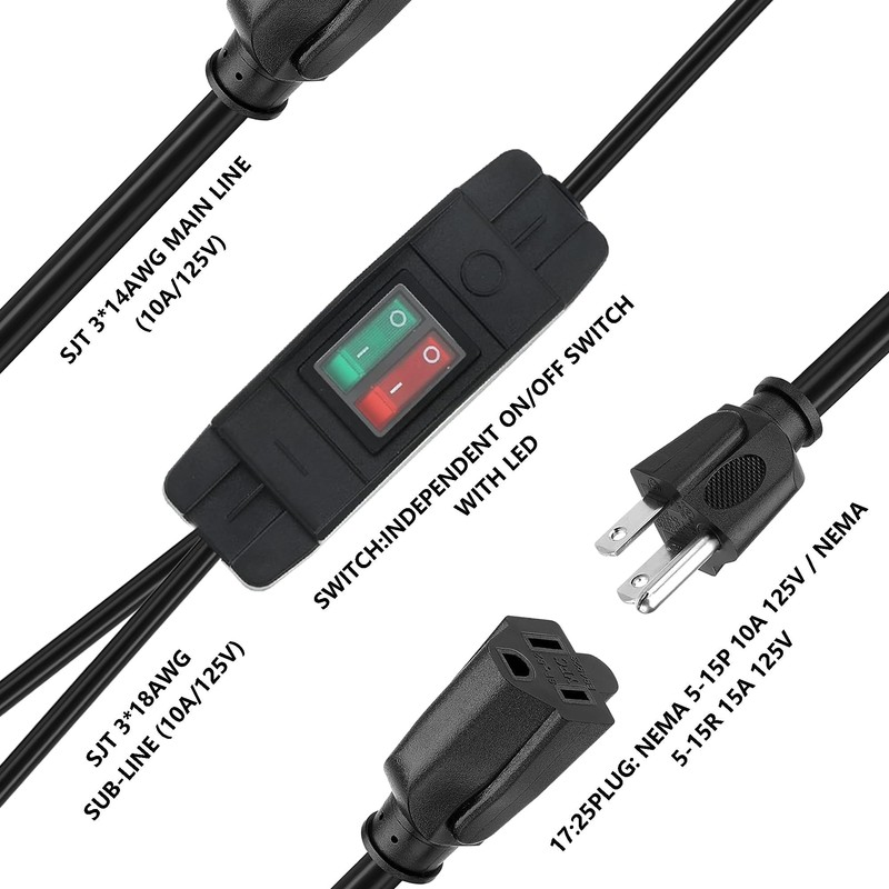 [UL Listed] 2 Way Extension Cord with On/Off LED Switch,