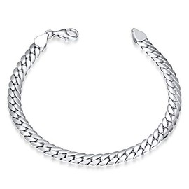 Materia Men's Curb Chain Bracelet 925 Sterling Silver Men's Jewellery 6 mm Wide Flat Rhodium-Plated 17 18 19 20 21 22 cm SA-125, Sterling Silver