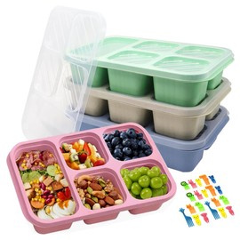 GYSRXS 4 Pack Bento Lunch Box 5 Compartment Snack Box with Transparent Lids and 20×Animal Forks Divided Food Container for School Work Picnics(Beige/Blue/Pink/Green)