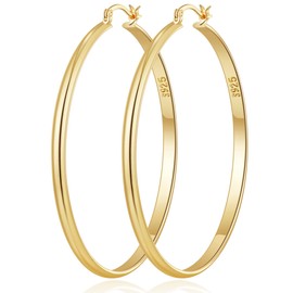 RANKEEF 3 mm Wide Large Hoop Earrings 925 Silver for Women Hypoallergenic Sterling Silver Post Lightweight 14K Gold-Plated Earrings Hoop Earrings Gold Large 30/40/50/60 mm, Silver, No Gemstone