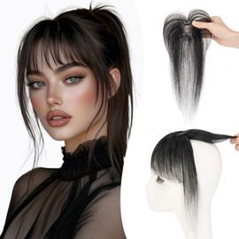 TESSHAIR Bangs Hair Clip Human Hair, 100% Remy Human Hair, No Tangle & Smooth, 4x6 3D Wispy Bangs #Jet Black