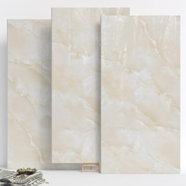 10-Pack Peel and Stick Marble Wall Panels - Light Yellow 12" x 24" (19.34 Sq. Ft.) Self-Adhesive PVC Waterproof Shower Tiles, Marble Backsplash Wall Panels for Bathroom, Kitchen & Living Room Decor