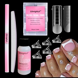 Polygel Nail Forms Kit for Toes,GlimightyX Reusable Toenails Dual Forms for Polygel with 1.35oz Nail Slip Solution Anti-Stick,with Dual-Ended Brush,Nail File and Nail Clips,12 Sizes 120Pcs