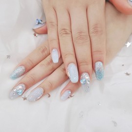 ❣️ Blue Sapphire Shimmer Handmade Nail Tips ✨ - Long Oval / ❣️ 블루사파이어쉬머 수제네일팁 ✨ - 롱오발