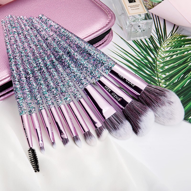 Enzo Ken Makeup Brushes with Cosmetic Bag, 10 Pieces Synthetic