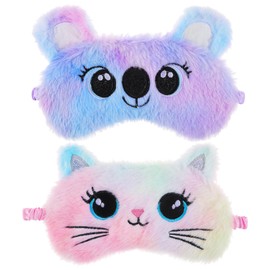 FNANJWQ 2 Pcs Plush Sleeping Eye Mask for Kids, Fluffy Colorful Sleeping Blindfold Soft Kitty Eye Covers Comfortable Koala Sleep Blindfold for Kids Teens Girls Women Travel Nap