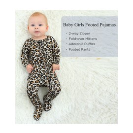 EASWEET Baby Girls Footed Pajamas Clothes, Bamboo Viscose Sleeper 2 Way Zipper Outfits Newborns Infants, Leopard Tan, 6-12 Months