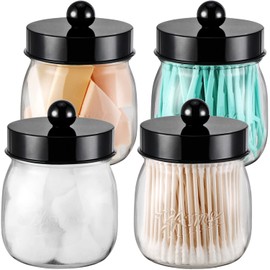 Farmhouse Decor Apothecary Jar Set,Mason Jar Bathroom Vanity Storage Organizer Canister - Qtip Holder Plastic Acrylic Jar for Cotton Swabs,Cotton Pads,Floss Picks,Paper Clips,Hair Clips(4 Pack,Black)