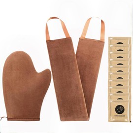 DTTEOME 2 in 1Self Tanning Mitt Applicator kit Streak Free Self Tanner Mitt and Back Tanning Lotion Applicators Double Sided Reusable Sunless Tanning Mitt,and Ten pairs of disposable gloves (brown)