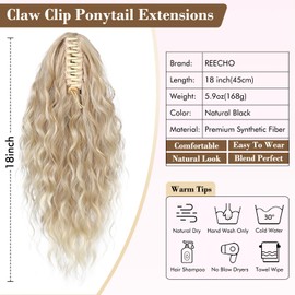 REECHO Ponytail Extension, 18 Inch Claw Clip Ponytail Extension for Women Long Curly Wavy Ponytail Extensions Synthetic Clip in Ponytail Hairpiece for Women, Dark Blonde to Light Blonde