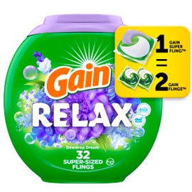 Gain Super Sized flings! Laundry Detergent Soap Pacs, Relax, 3-in-1 Detergent Pacs with Febreze and Oxi, Dewdrop Dream Scent, 32 count