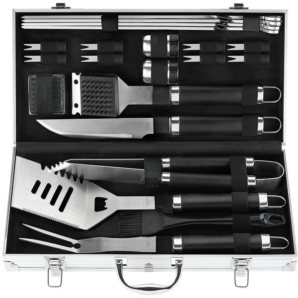 POLIGO 22PCS Heavy Duty BBQ Grill Accessories Set, Non-Slip Grill Tools for Outdoor Grill Set Thicker Stainless Steel Grill Utensils Set, Deluxe Grilling Set with Aluminum Case Ideal Gifts for Men Dad