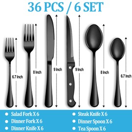 36 Pcs Black Silverware Set with Steak Knives, Stainless Steel Flatware Cutlery Set Service for 6, Kitchen Tableware Set, Utensil Set for Home and Restaurant, Knives Forks Spoon Set, Dishwasher Safe