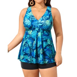 Aqua Eve - Trajes de baño de talla grande con pantalones cortos, tankini de dos piezas para mujer, trajes de baño holgados, Hoja verde y azul., 24 Plus