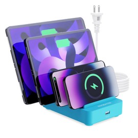 5-Fast Port Charging Station for Multiple Devices - PD 20W & QC 3.0 - Compatible with All USB Devices - Family Charging Organizer - UL & FCC Certification - Blue