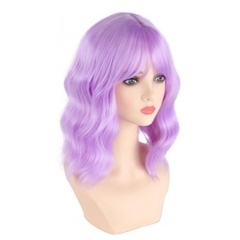Mxayhnajxl Purple Wigs for Women,Light Purple Bob Wavy Wig with Bangs,Medium Length Synthetic Wigs for Women