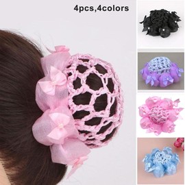 4 Redecillas para El Cabello de Colores Sólidos con Flores, Accesorios para El Cabello para Niñas, Bailarinas Y Patinadoras (Rosa + Negro + Azul + Morado).