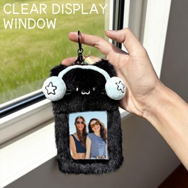 Cat Photocard Holder with Clear Window - Plush Kitten Badge Case for Student ID, Bus Card, and More (White)