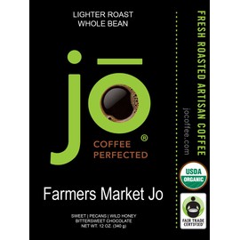 FARMERS MARKET JO: 12 oz, Organic Whole Bean Coffee, Lighter Roast, 100% USDA Certified Organic, Fair Trade Certified, Kosher, Soft Velvet Feel, 100% Arabica Specialty Coffee, Non-GMO, Gluten Free