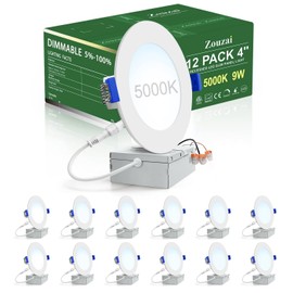 zouzai 12 Pack 4 Inch Ultra-Thin LED Recessed Ceiling Light with Junction Box, 5000K Daylight, 9W Eqv 80W, Dimmable Canless Wafer Downlight, 810LM High Brightness, ETL and Energy Star Certified
