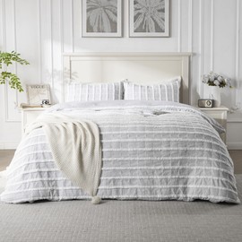 ROSE&RISY Tufted Queen Duvet Cover Set, 3 Pieces Soft & Comfortable Lightweight Textured Boho Embroidery Shabby Chic Bedding Set,Includes 1 Duvet Cover, 2 Pillow Cases (Grey Gingham,Queen)