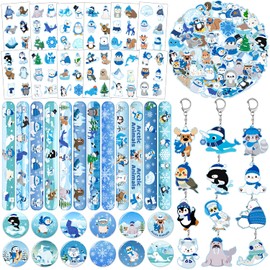 YYMYMGJ 98 PCS Winter Arctic Animals Party Favors, Winter Arctic Polar Animals Stickers Temporary Tattoos Slap Bracelets Keychains Badges Arctic Animals Birthday Party Decorations Supplies for Kids