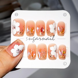 Flower Press on Nails Square French Fake Nails with 3D Floral Pearl Design Short Press ons Resin Rhinestone False Nails Nude Artificial Glue on Nails Spring Summer Acrylic Nails for Women 10Pcs