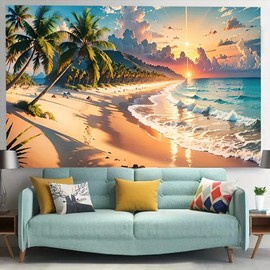 FENDROM Ocean Beach Tapestry Wall Hanging Tropic Paradise Coconut Palm Tree Hawaiian Sea Wave Cool Seaside Sunset Waves Nature Decor For Dorm Bedroom Living Room