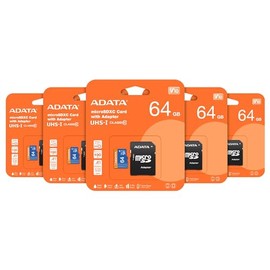 PSA COMPUTO Y PAPELERIA Kit de 5 Tarjetas de Memorias Micro ADATA 64 GB (AUSDX64GUICL10A1-RA1) con Adaptador Color Negro con Azul A1 (Clase 10) grabación de vídeo Full HD 1080p