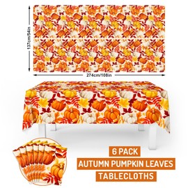JarThenaAMCS 6Pcs Fall Plastic Tablecloth Autumn Pumpkin Leaves Table Cover Disposable Seasonal Table Cloth for Party Dinner Table Decor, 54 x 108 Inch