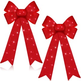 2 Pcs Christmas LED Wreath Bow Large 24 x 12 Inch Xmas Lighted Bows Wreath LED Lights Christmas Tree Topper Bows Winter Wall Decor for Holiday Indoor Outdoor Home Xmas Decoration (Red)