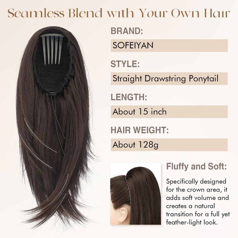 Sofeiyan Ponytail Extension for Women,15 Inch Comb Clip in Pony