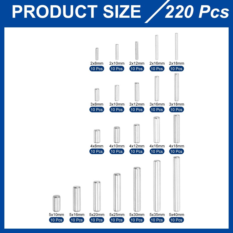 sourcing map 220Pcs 1 Set of 22 Sizes Dowel Pins