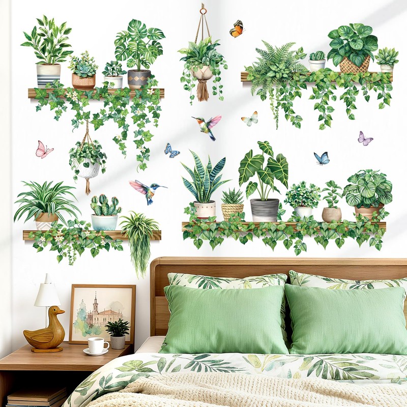 decalmile Green Pot Plants Wall Stickers Tropical Leaf Hanging Vines