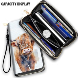FGDRFGRW Wallet,Large Capacity RFID Blocking Leather Wallet, Durable Smooth Zipper Clutch,Unisex Travel Wallet for Cards,Cash,and Coins,Watercolour Highland Cow
