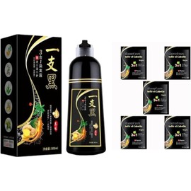 Negro - Shampoo Tinte Instantaneo Para Cabello Cubre Canas Natural Jengibre + Regalo (3 Sobres de 30g c/u) - Para Teñir 3 En 1 Coloración Al Instante Con Hierbas Unisex, Para Hombre y Mujer (590ML) (Negro, 500 ML + 150 ML(REGALO))